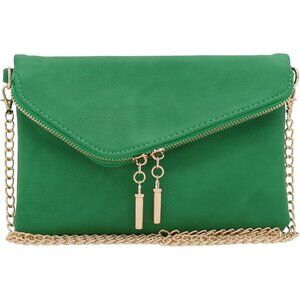 Women's Wristlet Clutch Zipper Closure Long Chain Strap Green Crossbody Bag